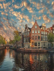 Naklejka premium Charming Canal Houses at Sunset in Amsterdam - Classic Dutch canal houses line a narrow waterway, bathed in the warm glow of a setting sun, reflecting in the water.
