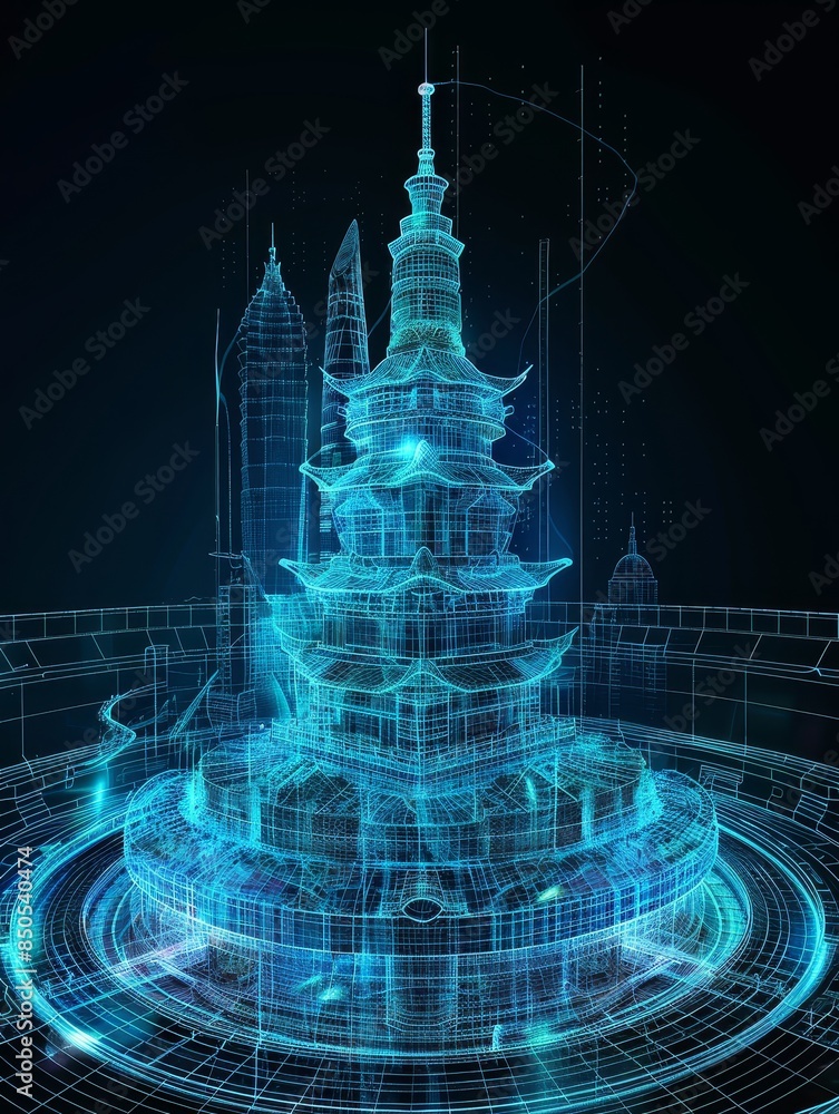 Poster digital pagoda in a wireframe cityscape - a digital rendering of a pagoda with a wireframe style, su
