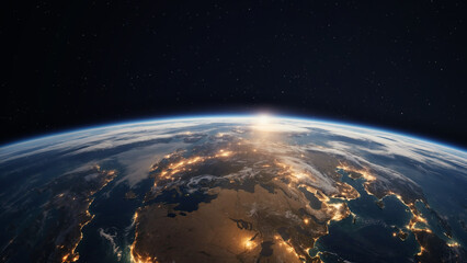 Obraz premium Panoramic view on planet Earth globe from space with rising sun glowing city lights, light clouds. Generated with Ai