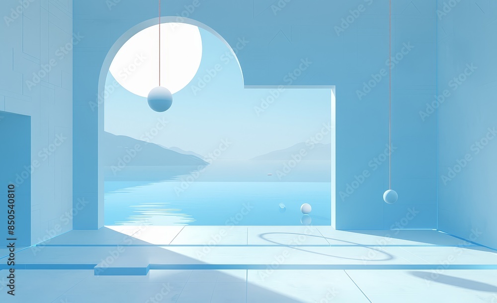 Poster minimalist blue interior with ocean view - a simple and modern interior design features a large wind