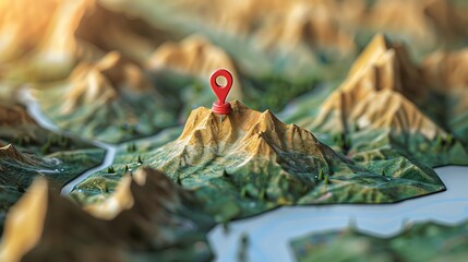 Pins on a geographic map curved like mountains pinning a location on a map mountain