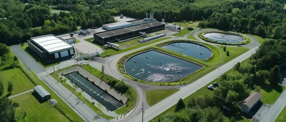 wastewater treatment facility with large settling tanks and filtration systems, processing water to remove contaminants and protect the environment