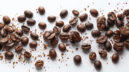 Many Roasted Coffee Beans Isolated on White Background with Grains