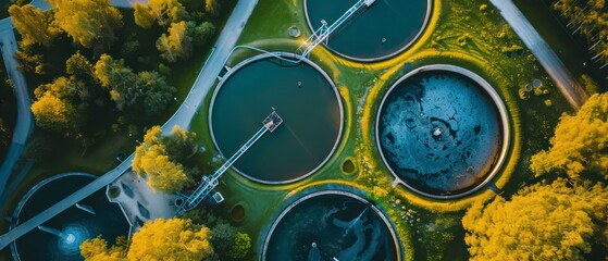 wastewater treatment facility with large settling tanks and filtration systems, processing water to remove contaminants and protect the environment