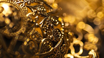 Extreme close-up of gold jewelry, detailed filigree, bright sparkle, sharp focus. 