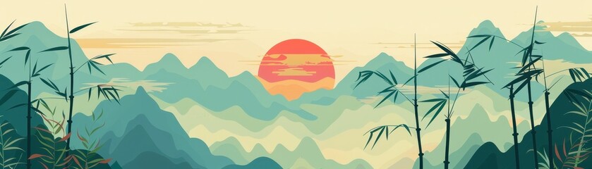 Bamboo with water droplets, pastel tones, flat design