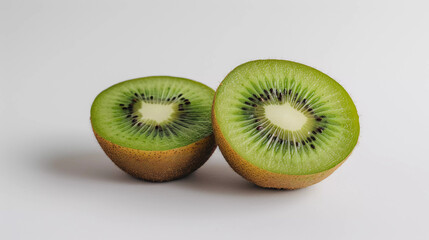 a kiwi fruit cut in half on a white background