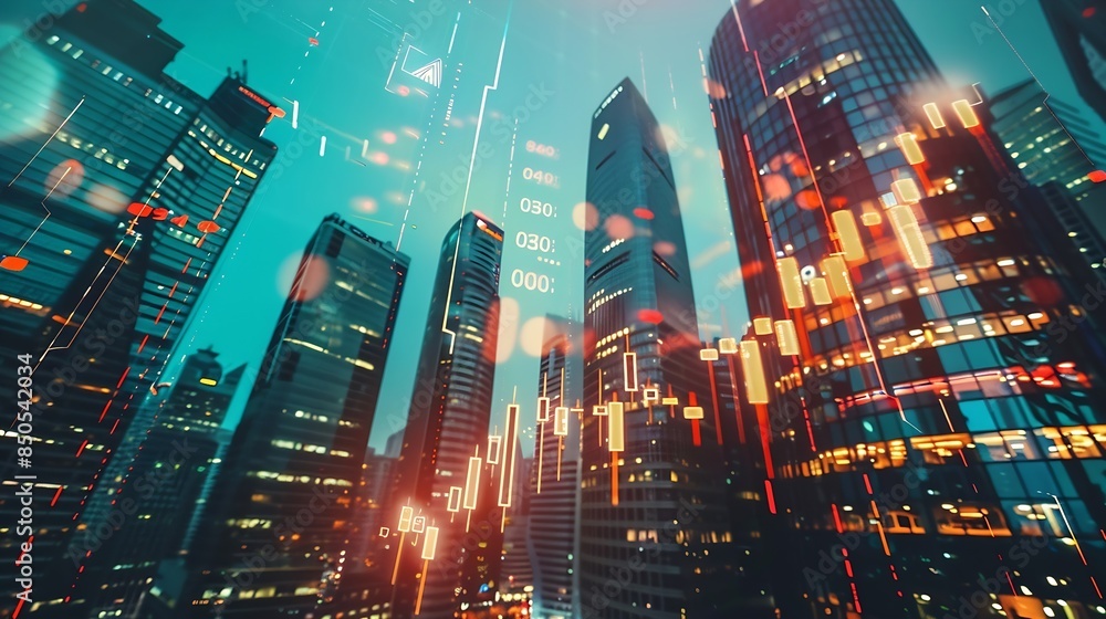 Poster real estate development and investing concept with financial chart indicators and stock market graph