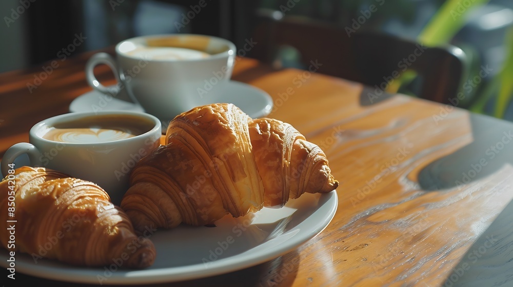 Poster breakfast view a bunch of croissant and a cup of coffee with cafe vibe background : generative ai
