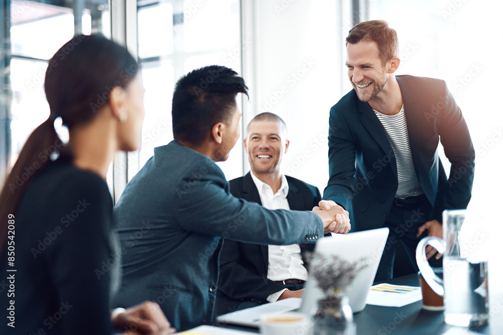 Poster men, introduction and shaking hands for meeting at office with smile for welcome, crm and respect. b