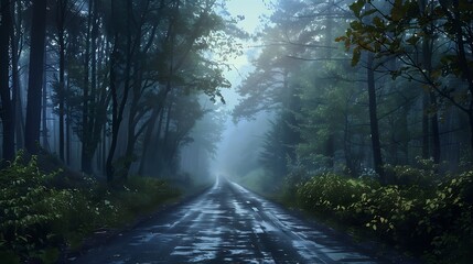 A road in the morning passing through a forest cover with horror scene