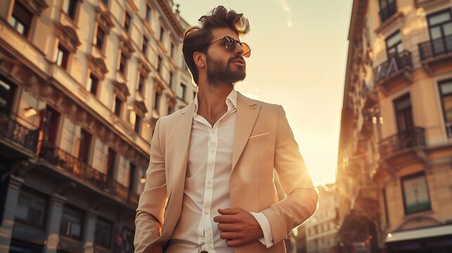 Handsome confident stylish hipster lambersexual modelSexy modern man dressed in elegant beige suit Fashion male posing in the street background in Europe city at sunset In sunglasses : Generative AI
