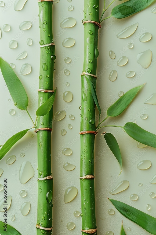 Wall mural Bamboo with water droplets, pastel tones, flat design