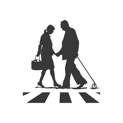 Silhouetted Couple Helping Blind Man Cross Zebra Stripes.