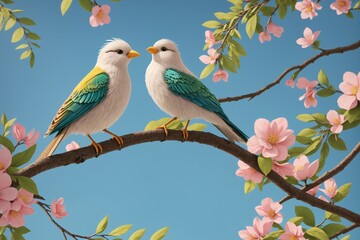 Fototapeta premium Cheerful 3D cartoon bird with pastel feathers on a branch