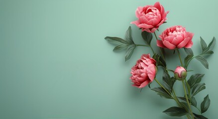 Pink Peonies With Green Leaves on a Light Green Background