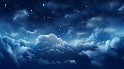 Obraz premium Fluffy volumetric clouds at night against a dark blue sky with stars background.