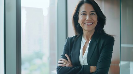 Happy cheerful 45 year old Latin professional mid aged business woman corporate leader smiling positive mature female executive manager standing in office arms crossed looking at camer : Generative AI