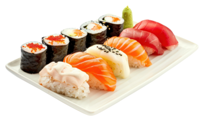 PNG Set of sushi on a plate rice food meal.