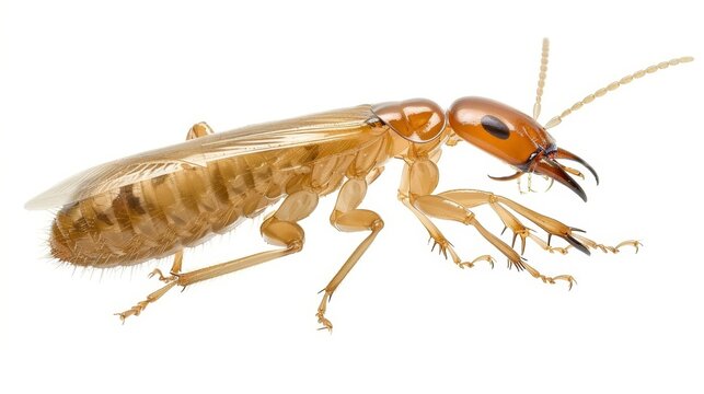 Close-up of a creepy brown termite crawling on white background, known for causing wood damage in homes. Observe its role in the colony