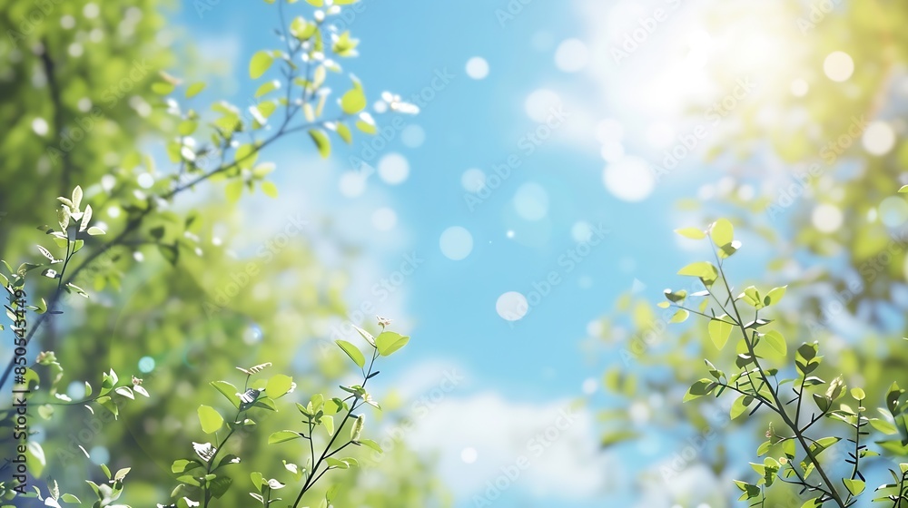 Poster beautiful blurred background image of spring nature with surrounded by trees against a blue sky with
