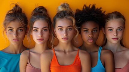 Obraz premium Portrait of Diverse Teenagers Against Bright Orange Background in Colorful Clothing