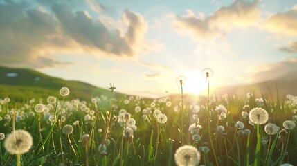 dandelion field in rural landscape at sunrise beautiful nature scenery with blooming weeds in morning light clouds on the sky above the distant mountain : Generative AI