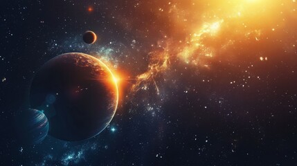 Two Planets and a Galaxy in a Starry Night Sky