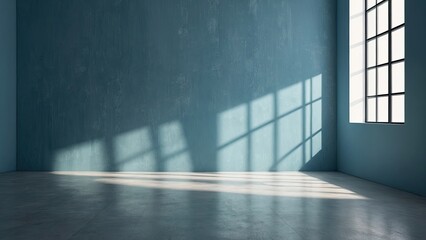 Minimal abstract light blue background for product presentation. Shadow and light from windows on plaster wall