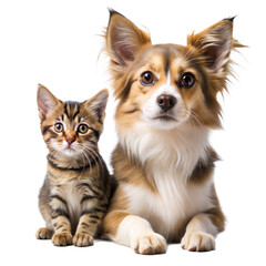 Obraz premium A cute kitten and a white dog sit together in a photo studio