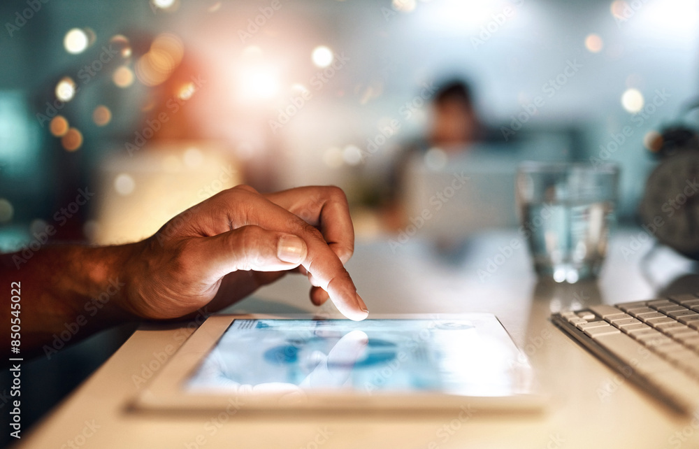 Aufkleber Tablet, hand and planning with screen, research and person programming on desk in office. Information technology, developer and digital touchscreen, bokeh and software development in workplace