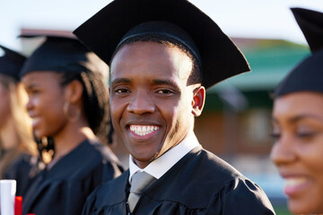 Fototapeta premium Black man portrait, student and graduation with group class at ceremony for education, qualification or future. Happy person and scholar with smile for diploma, certificate or degree on campus