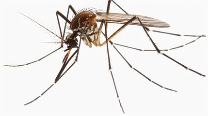 Image of a mosquito with long legs and proboscis standing on a white background