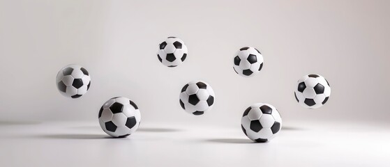Soccer balls suspended in mid-air against a bright white studio backdrop, creating a dynamic and visually striking composition