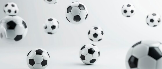 Soccer balls suspended in mid-air against a bright white studio backdrop, creating a dynamic and visually striking composition