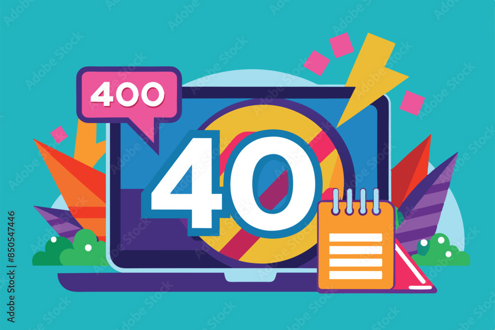 Poster a flat illustration of a laptop displaying a 400 error message with a lightning bolt and colorful ge