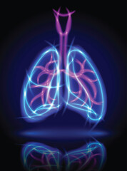 Human lung illustration consists of glowing watercolor and purple curves on a dark blue background with glowing intersections, medium in modern technology.