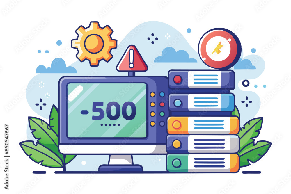 Poster illustration of computer screen with server error code 500, server rack, exclamation point, and gear