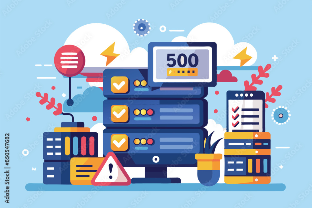 Poster a colorful illustration depicts a 500 internal server error with various server racks, a warning sig
