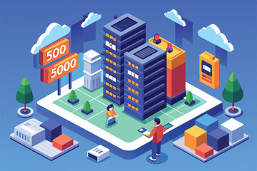 City illustration with 2 tall buildings symbolizing server error, with people and trees on digital landscape, 500 internal server error Customizable Isometric Illustration
