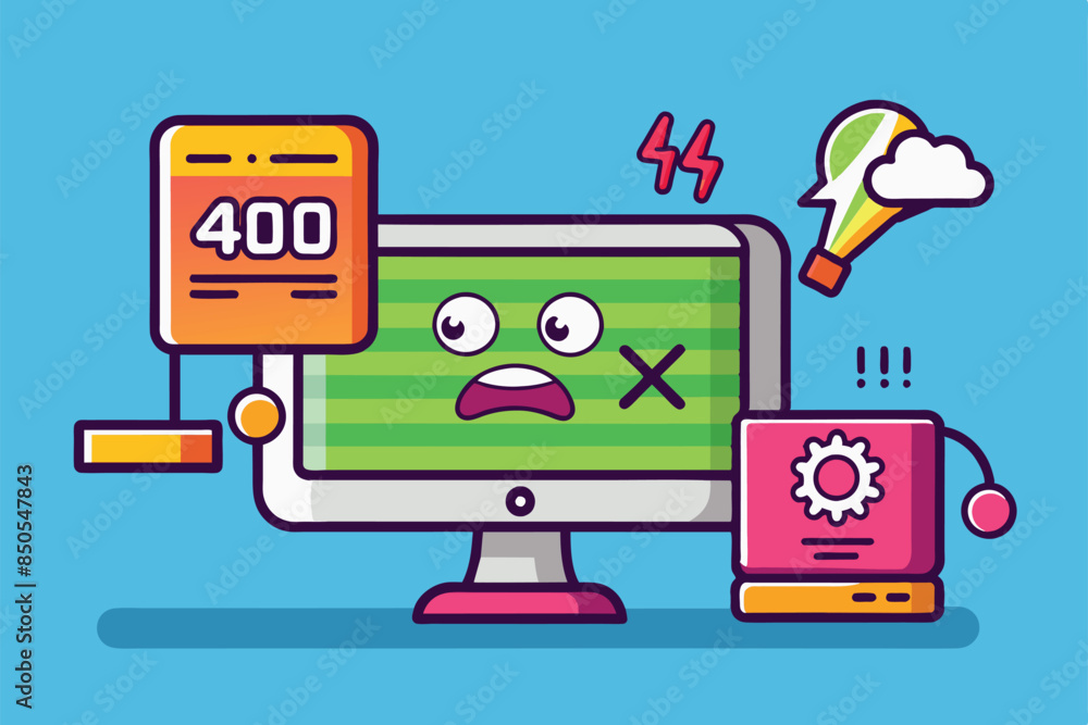 Poster cartoon computer screen panics with 400 error as network icon displays broken connection, 504 error 