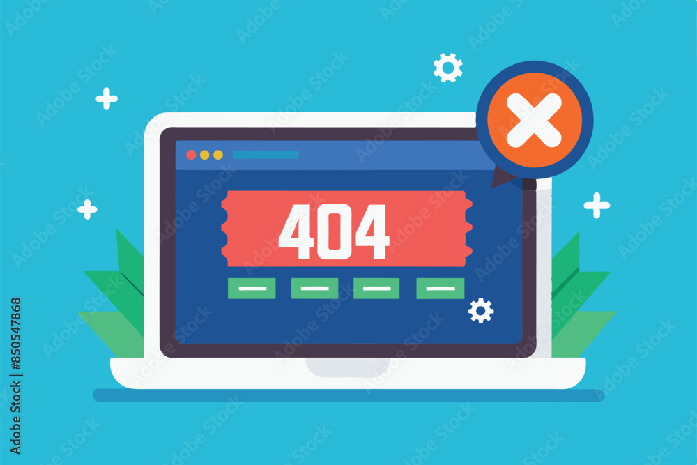 Poster a flat illustration of a laptop displaying a 404 error message on a blue background, 504 error gatew