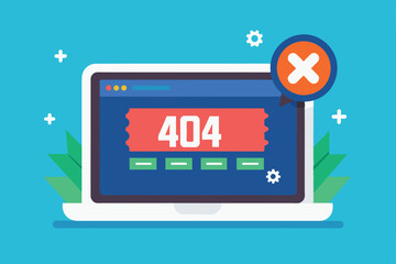 A flat illustration of a laptop displaying a 404 error message on a blue background, 504 error gateway timeout Customizable Flat Illustration