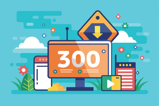 Illustration shows a computer screen with a 300 error code and download arrow, indicating a service issue, 503 error service unavailable Customizable Semi Flat Illustration