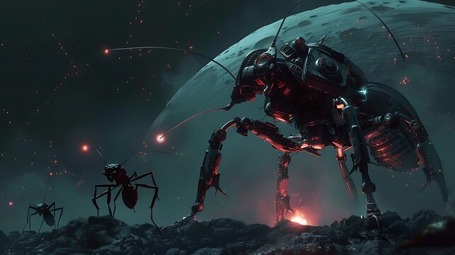 Robot fighting a massive ant planet background at night