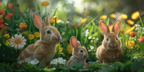 Adorable rabbits and bunnies in a lush garden, creating a cute and playful scene