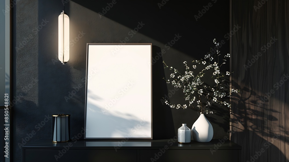 Poster mockup frame on cabinet in living room interior on empty dark wall background3d rendering : generati