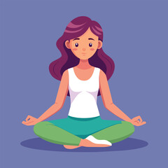 A woman with long purple hair sits cross-legged on the floor in a meditative yoga pose, A girl sitting on the floor, legs crossed, with her hands resting on her knees in a meditative pose
