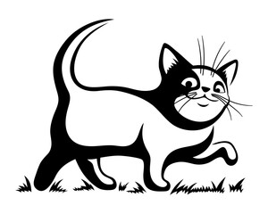 Cute cat walking on the grass on a white background.