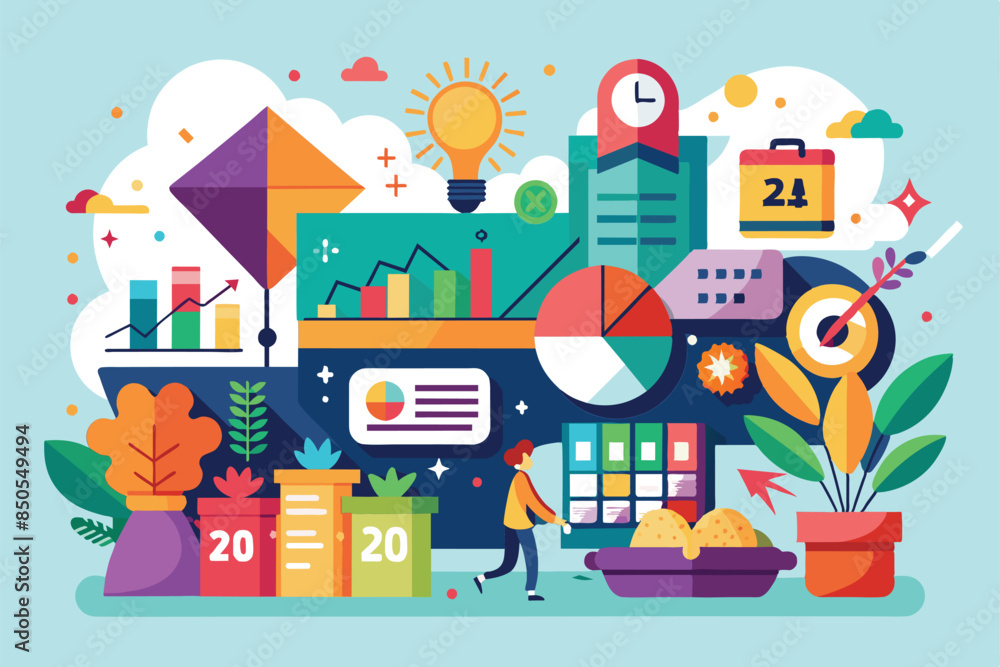 Aufkleber an illustration showing a year of business growth and strategy with customizable icons and data char